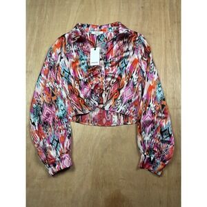 RO&DE Abstract Print Twist Front Collared Long Sleeve Crop Shirt Womens M